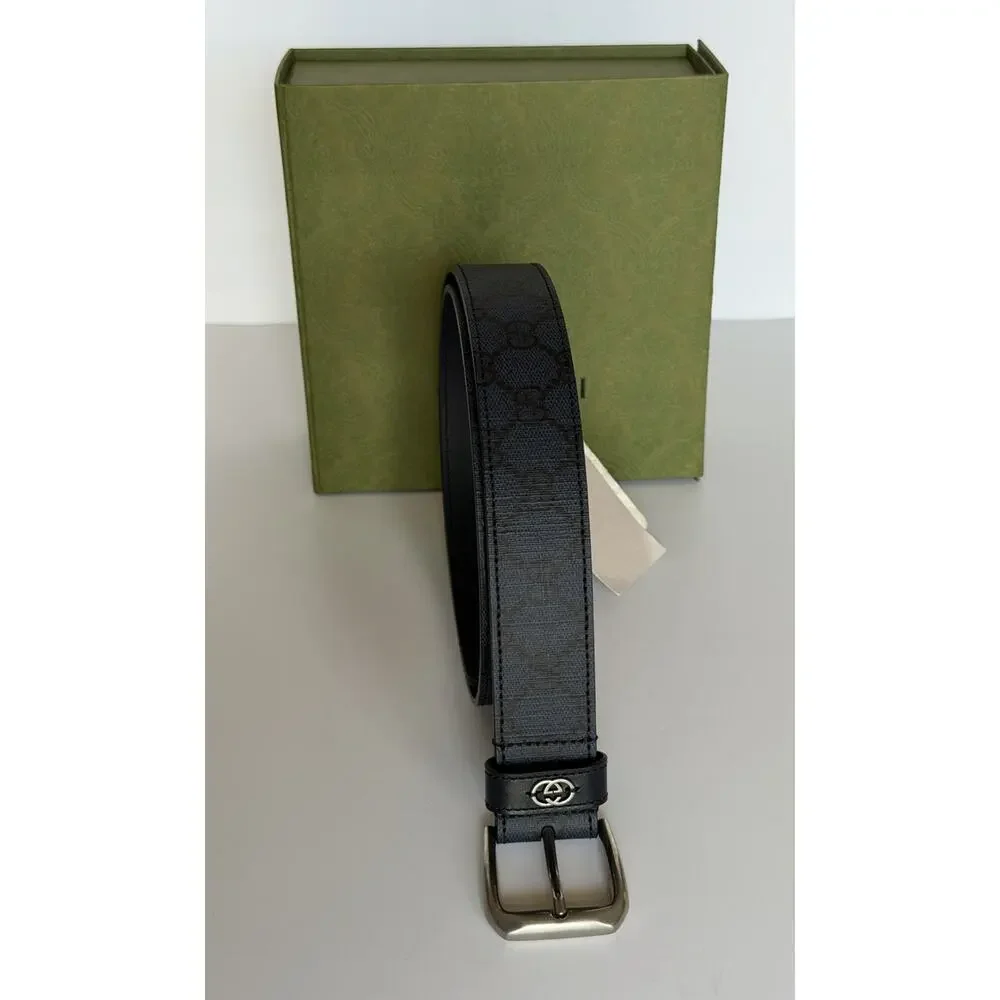 Gucci Interlocking GG Supreme Details Leather Belt Blue/Black 90/36 673921 NWT
